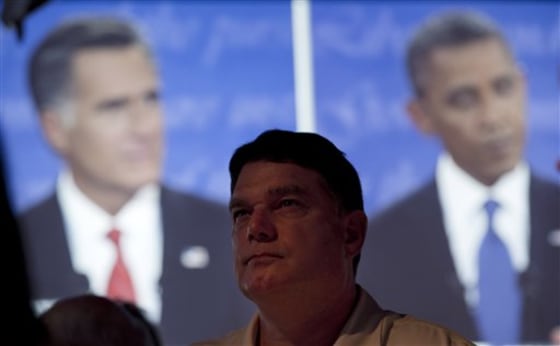 Calvin Goad watches the first presidential debate between President Barack Obama and Republican presidential nominee Mitt Romney from a restaurant in San Diego, Wednesday, Oct. 3, 2012.
